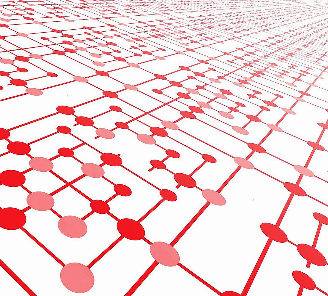 Grafik: Verbundenes Netzwerk aus roten Punkten und Strichen