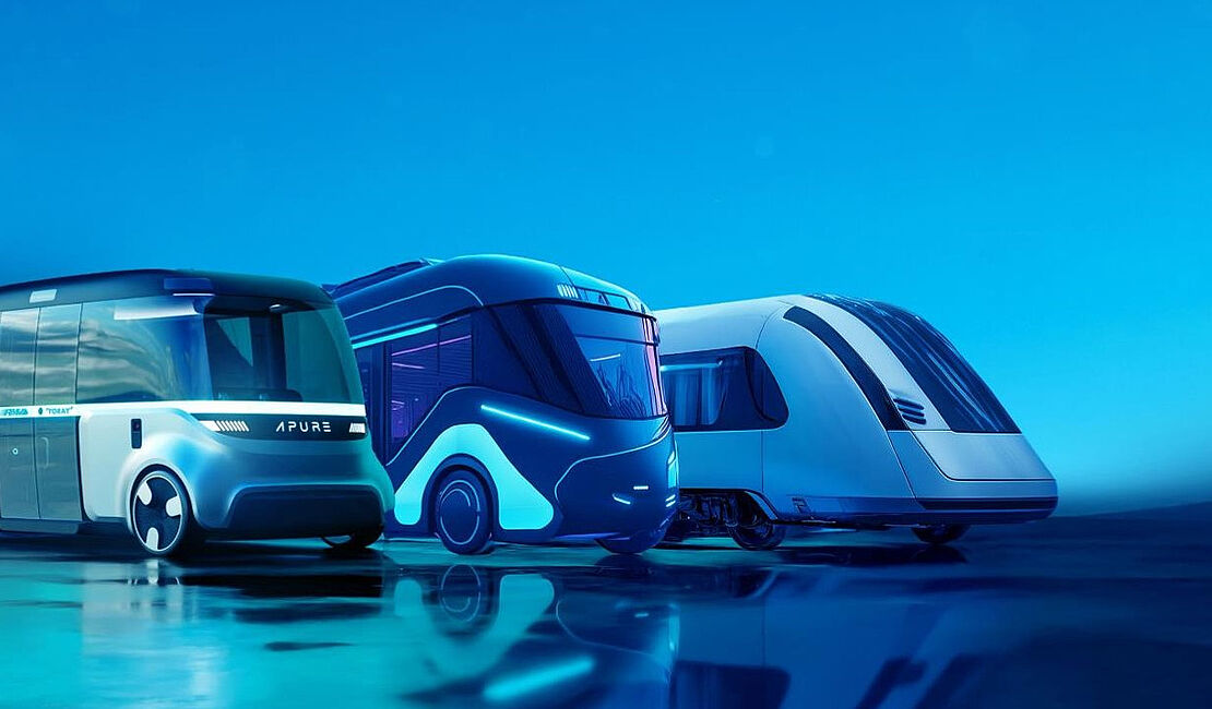 KI-generiertes Bild zum autonomen Fahren, mehrere Shuttles vor blauem Hintergrund