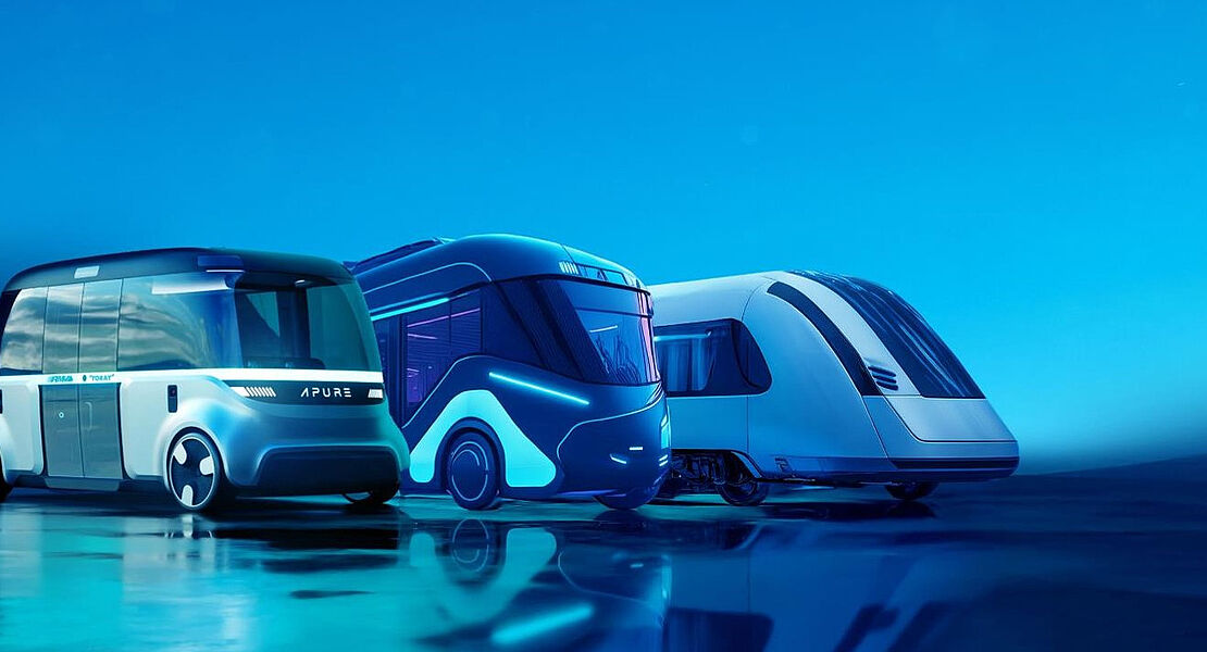 KI-generiertes Bild zum autonomen Fahren, mehrere Shuttles vor blauem Hintergrund