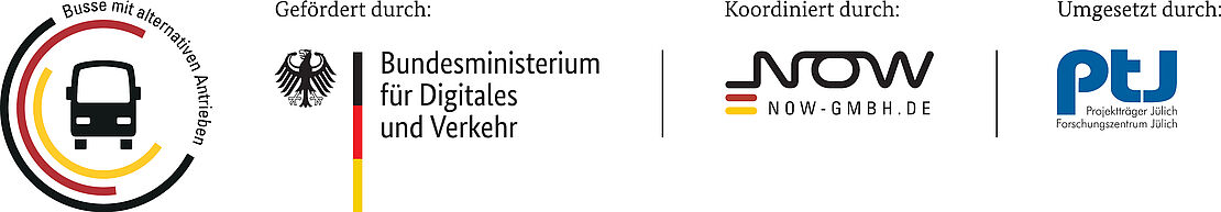 mehrere Logos nebeneinander, "Busse mit alternativen Antrieben", "Bundesministerium für Digitales und Verkehr", "NOW GmbH", "ptj"