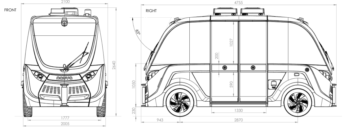 Gezeichnete Front- und Seitenansicht des Fahrzeugmodells von Navya